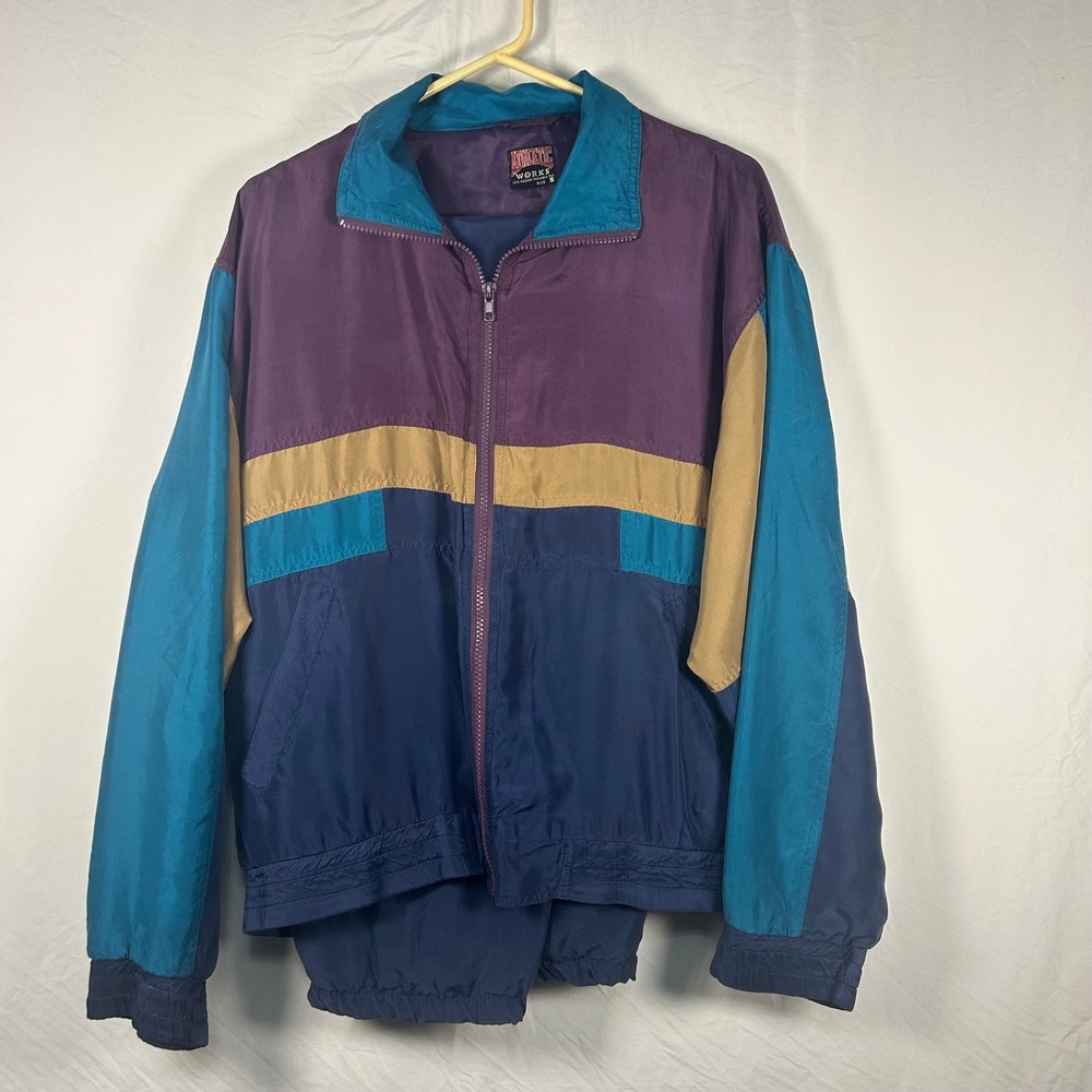 Athletic Works Tracksuit Unisex Small Blue Silk Colorblock Vintage 90s Set